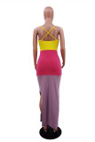 Multicolor Sexy Casual Patchwork Backless Slit Spaghetti Strap Long Dress