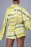 Yellow Casual Print Patchwork V Neck Loose Rompers