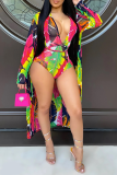 Rose Red Sexy Print Patchwork Swimwears