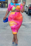 Colour Fashion Sexy Print Hollowed Out O Neck Plus Size Two Pieces