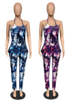 Blue Sexy Print Patchwork Halter Straight Jumpsuits