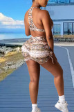 Light Brown Sexy Animal Print Print Patchwork Frenulum Halter Sleeveless Two Pieces