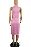Pink Casual Solid Patchwork Slit O Neck Sleeveless Two Pieces