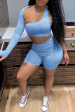 Pink Casual Solid Hollowed Out One Shoulder Long Sleeve Two Pieces