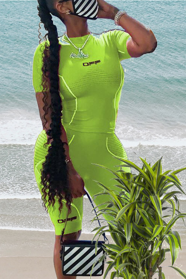 Fluorescent Green Casual Print Patchwork O Neck Short Sleeve Two Pieces