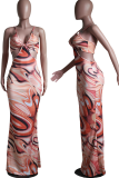 Rose Red Sexy Print Hollowed Out Spaghetti Strap Trumpet Mermaid Dresses