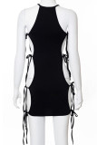 Black Sexy Solid Hollowed Out Frenulum Asymmetrical O Neck Pencil Skirt Dresses