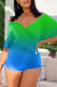 Green Sexy Gradual Change Patchwork V Neck Regular Rompers