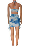 Blue Sexy Print Patchwork Frenulum Halter Sleeveless Two Pieces