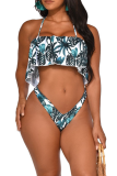 Multicolor Sexy Print Patchwork Flounce Swimwears