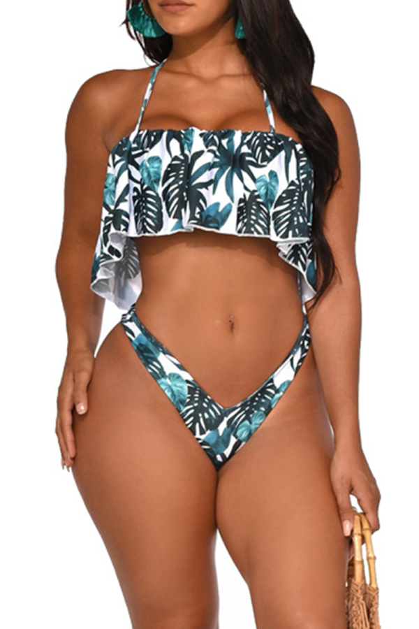 Multicolor Sexy Print Patchwork Flounce Swimwears