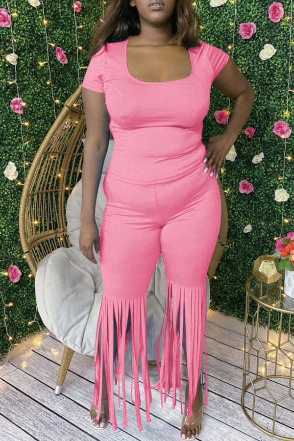 Pink Fashion Casual Solid Tassel Pants O Neck Short Sleeve Two Pieces