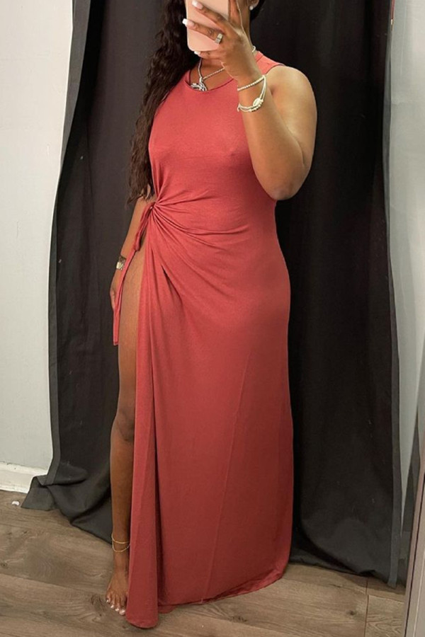 Brownness Sexy Casual Solid Slit O Neck Sleeveless Dress