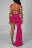 Rose Red Fashion Sexy Solid Hollowed Out Backless Spaghetti Strap Irregular Regular Jumpsuits