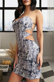 Black White Sexy Print Hollowed Out Frenulum Backless Spaghetti Strap Wrapped Skirt Dresses