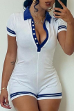Blue Casual Solid Patchwork Turndown Collar Skinny Rompers