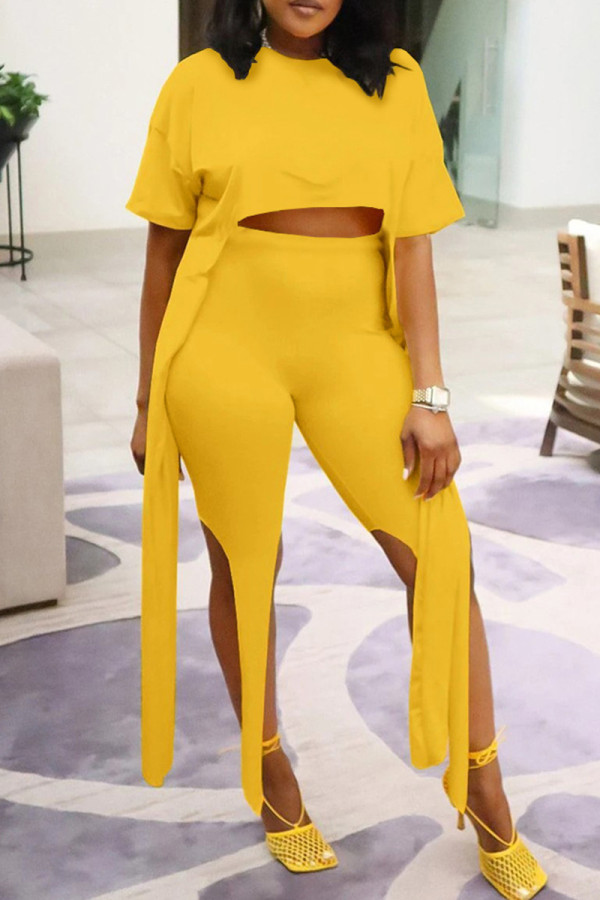 Yellow Fashion Casual Solid Asymmetrical O Neck Short Sleeve Two Pieces