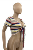 Red Fashion Casual Striped Print Bandage V Neck T-Shirts