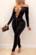 Black Sexy Solid Hollowed Out Patchwork Frenulum Off the Shoulder Skinny Jumpsuits