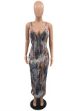 Dark Gray Fashion Sexy Print Backless Spaghetti Strap Long Dress