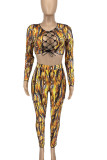 Yellow Sexy Print Hollowed Out Patchwork Frenulum O Neck Long Sleeve Two Pieces