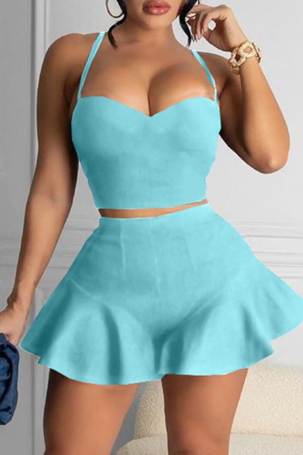 Light Blue Sexy Casual Solid Backless Spaghetti Strap Sleeveless Two Pieces