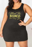 Black Fashion Casual Letter Print Vests U Neck Sleeveless Dress