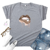 Green Fashion Casual Lips Printed Basic O Neck Tops
