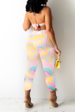Yellow Sexy Print Patchwork Halter Skinny Jumpsuits