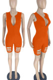 Blue Casual Solid Hollowed Out Patchwork Zipper O Neck Skinny Rompers