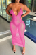 Rose Red Sexy Solid Mesh Spaghetti Strap Pencil Skirt Dresses