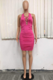 Pink Sexy Solid Hollowed Out Halter Pencil Skirt Dresses