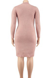 Pink Fashion Casual Solid Slit Turndown Collar Long Sleeve Dresses