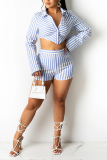 Black Sexy Striped Patchwork Turndown Collar Long Sleeve Two Pieces