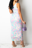 Multicolor Fashion Sexy Print Backless Spaghetti Strap Long Dress