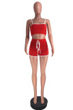 Red Sexy Casual Solid Backless Spaghetti Strap Sleeveless Two Pieces