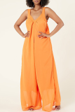 Tangerine Red Casual Solid Split Joint Spaghetti Strap Loose Jumpsuits