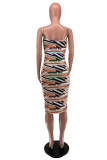 Khaki Fashion Sexy Print Backless Spaghetti Strap Sleeveless Dress