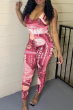 Pink Sexy Print Split Joint U Neck Skinny Jumpsuits