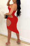 Red Sexy Solid Hollowed Out One Shoulder Pencil Skirt Dresses