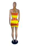 Yellow Sexy Print Hollowed Out Halter Pencil Skirt Dresses