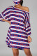 Red Blue Fashion Casual Print Basic Oblique Collar T-shirt Dress