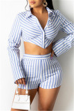 Green Fashion Casual Striped Print Patchwork Turndown Collar Long Sleeve Two Pieces