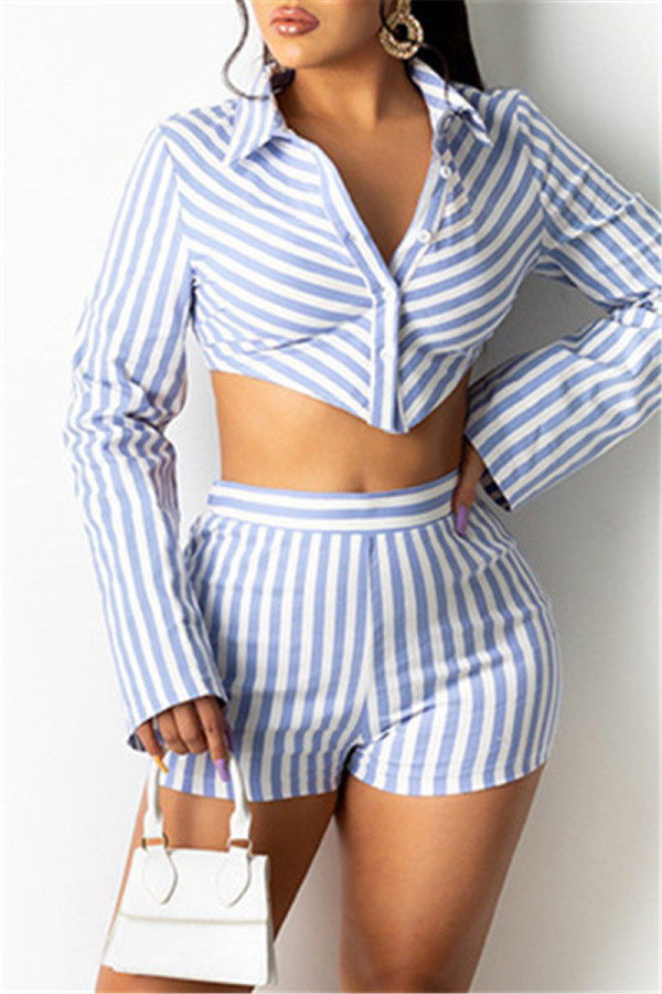 Blue Fashion Casual Striped Print Patchwork Turndown Collar Long Sleeve Two Pieces