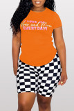 Orange Fashion Casual Print Basic O Neck Short Sleeve Two Pieces