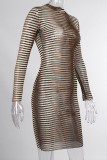 Khaki Sexy Striped Print Split Joint O Neck Long Sleeve Dresses