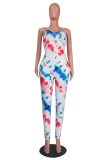 Pink Sexy Print Patchwork Spaghetti Strap Straight Jumpsuits