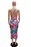 Red Sexy Print Patchwork Spaghetti Strap Pencil Skirt Dresses