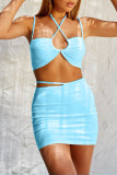 Pink Sexy Solid Hollowed Out Patchwork Frenulum Asymmetrical Collar Sleeveless Two Pieces