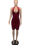 Deep Red Fashion Sexy Solid Backless Fold V Neck Sleeveless Dress